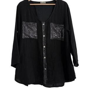 100% Pure Linen Made in Italy Black Sequin Button Front Tunic Shirt Sparkle L/XL